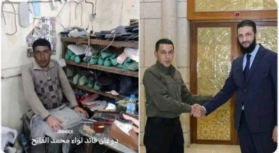 صورة دوغان سليمان الذي عينه الرئيس السوري قائد لواء السلطان محمد الفاتح في مصنع تصليح أحذية مفبركة