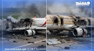 الصورة لطائرة مدنية مدمّرة مولَّدة بالذكاء الاصطناعي، وليست للسعودية أو الإمارات.