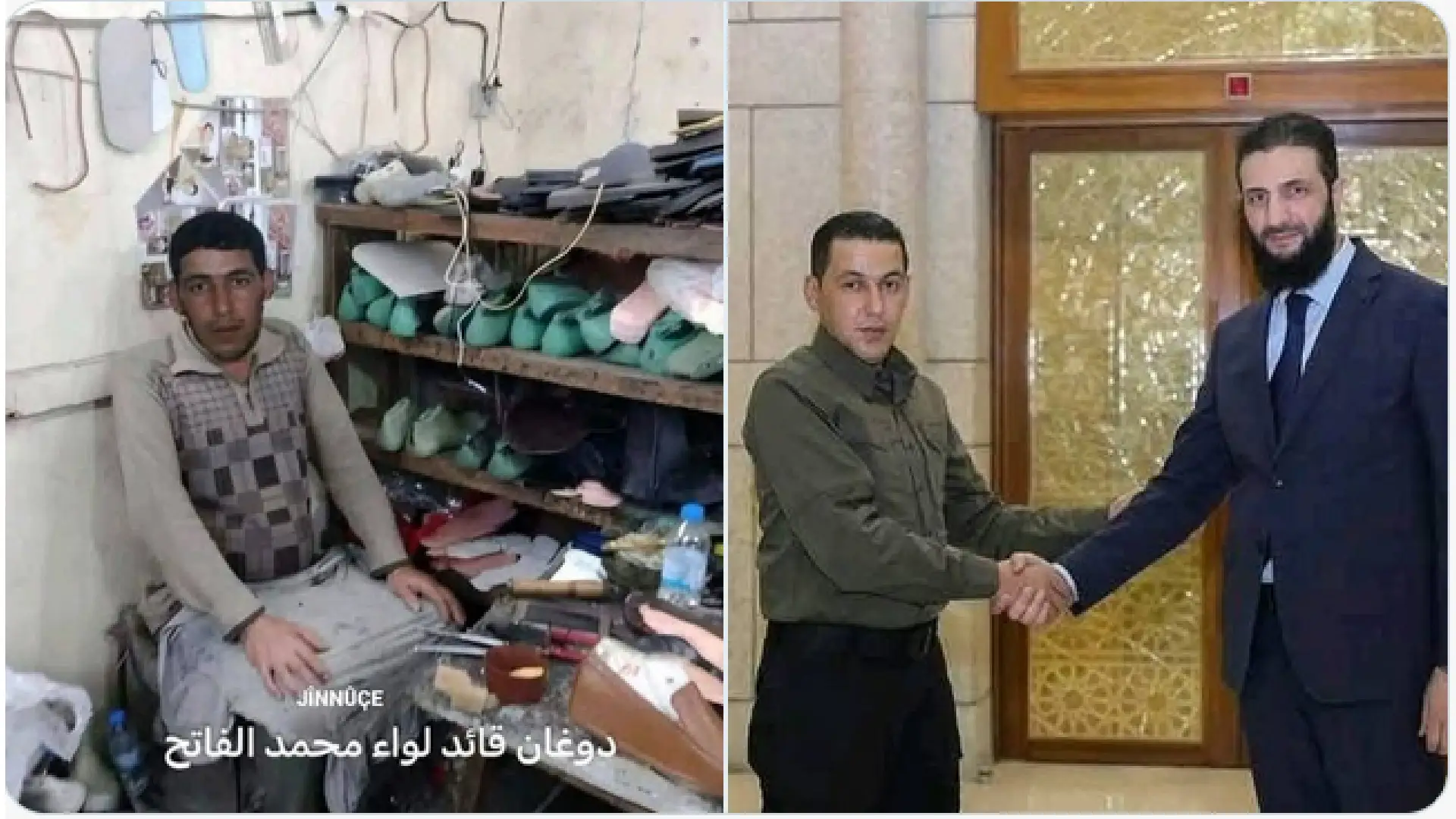 صورة دوغان سليمان الذي عينه الرئيس السوري قائد لواء السلطان محمد الفاتح في مصنع تصليح أحذية مفبركة