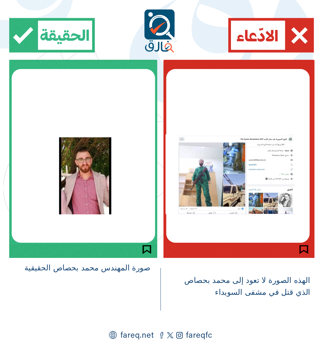 الادعاء بأن الشخص المسلح باللباس الأخضر  هو محمد بحصاص المقتول في مشفى السويداء غير صحيح